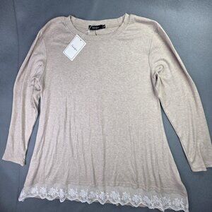 Sanifer Shirt Womens XL Beige Long Sleeve Lace Hem Tunic Stretch Casual Office